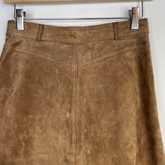 Vintage Tanner Brown Tan Suede Leather Midi A-line Snap Front Skirt Womens 8 26 - Picture 7 of 11